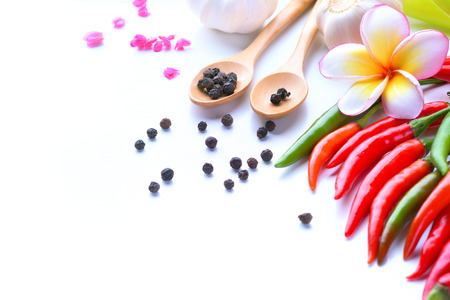 Asian ingredients food fresh spices Vegetable (tomato, chilli, garlic, pepper, plumeria) with space...