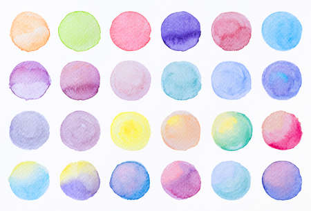 Collection label tag elements Set Watercolor brush paint strokes circle shape from a hand drawn on the white background.の写真素材