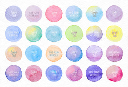 Collection Vector label tag elements Set Watercolor brush paint strokes circle shape from a hand drawn on the white paper texture background.のイラスト素材