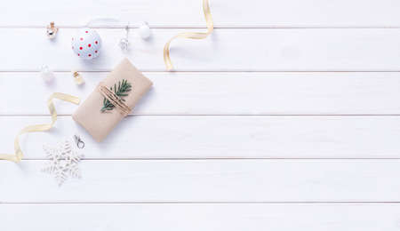 Merry Christmas and Happy New Year decoration for celebration on white wood background with copy...