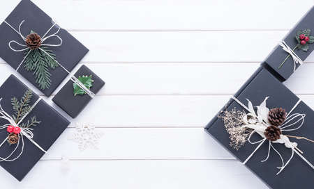 Merry Christmas and Happy New Year decoration for celebration on white wood background with copy...