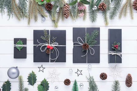 Merry Christmas and Happy New Year decoration for celebration on white wood background with copy...