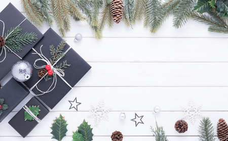 Merry Christmas and Happy New Year decoration for celebration on white wood background with copy...