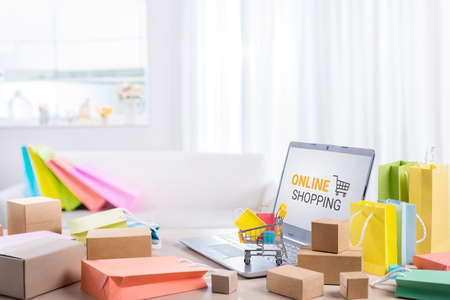 Online shopping concept with the life style New Normal for self quarantine during the outbreak Corona virus Disease (COVID-19).の写真素材
