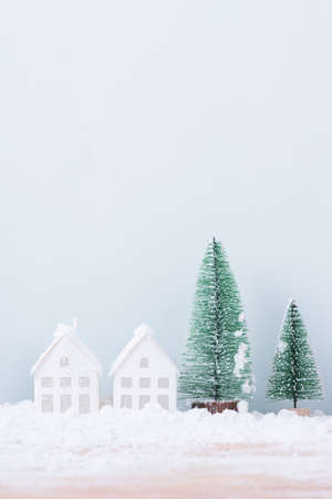 Christmas tree and home with snow frost field of natural Landscape background for celebration and Happy New Year.の写真素材