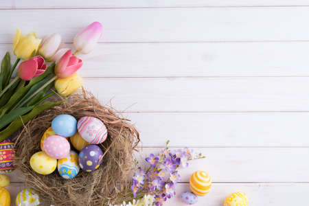 Happy Easter day colorful eggs in nest and flower decoration on white wood background with copy space.の写真素材