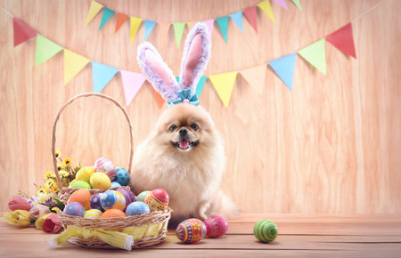 Happy Easter day colorful eggs in basket with flowers and Cute puppies Pomeranian Mixed breed Pekingese dog Wear bunny ears sitting on wood floor background.の写真素材