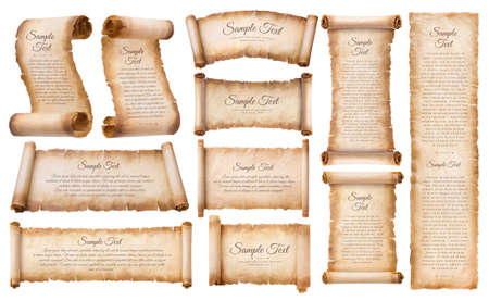 collection set old parchment paper scroll sheet vintage aged or texture isolated on white background.のイラスト素材