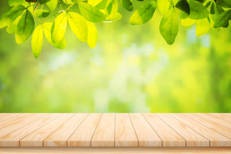 Painted Illustration Vector Wood table floor and beautiful natural green leaf abstract blurred bokeh light background.のイラスト素材
