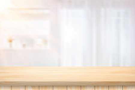 Illustration Vector Wood table floor and Blurred background atmosphere front room light shining through the curtain in home.のイラスト素材