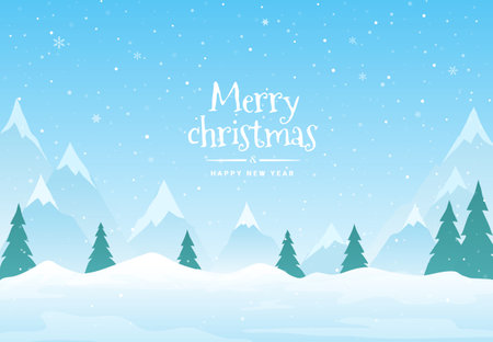 Vector illustration with Falling Snow down on landscape mountain background of the Merry Christmas and Happy New Year.のイラスト素材