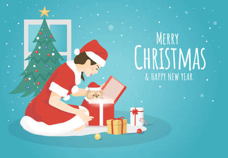 Vector illustration with A beautiful woman and dog in Santa Claus costume opening gift boxes of the Merry Christmas and Happy New Year.のイラスト素材