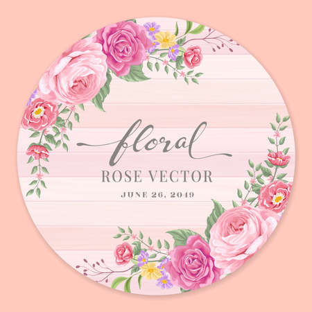 Beautiful Rose Flower and botanical leaf on wood label circle digital painted illustration for love wedding valentines day or arrangement invitation design greeting card.のイラスト素材