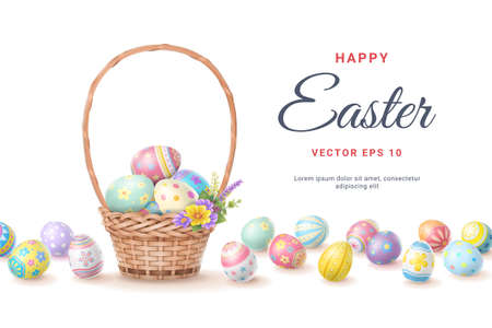 Happy Easter Day colorful egg in basket isolated on white background.のイラスト素材