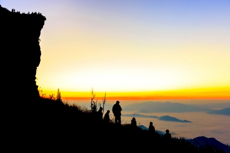 Group of people on top of a mountain at  phu chifa at Chiangrai, Thailandの写真素材