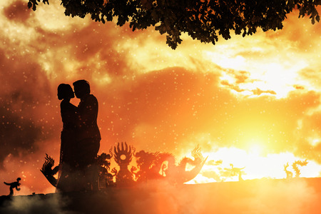 Asian couple with pre wedding sceen out door background.の写真素材
