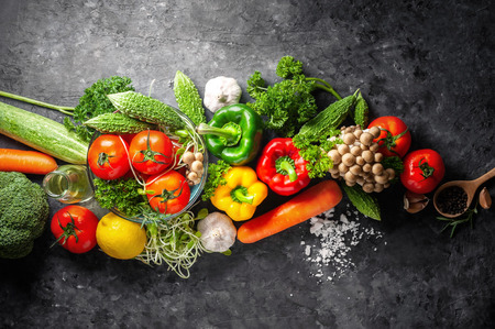 Various fresh vegetables organic food for healthy on rustic background with copy space for your text.の写真素材