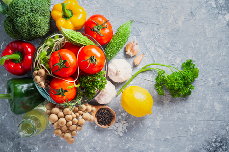 Various fresh vegetables organic food for healthy on rustic background with copy space for your text.の写真素材