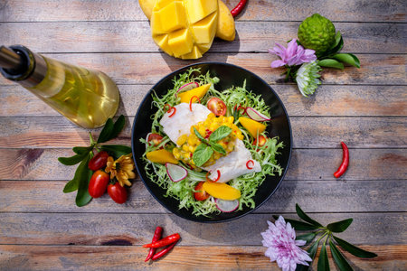 The Art of Thai Healthy Dish - Healthy salad with an array of herbs and spices on the wooden board background top view angle.の写真素材