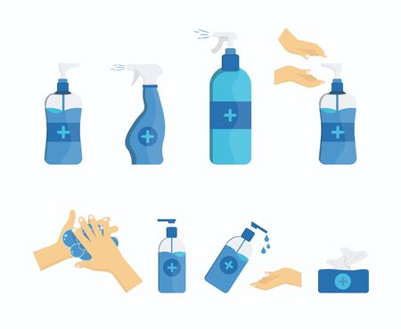 Disinfection, Hand hygiene. Set of hand sanitizer bottles, washing gel, spray, wet wipes, liquid soap, personal protective equipment. PPE Vector illustration, for equipment covid-19のイラスト素材