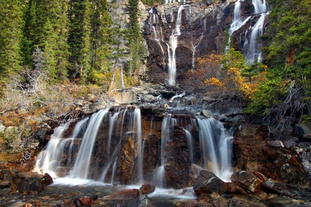 Scenic view of Tangle Falls at Jasper National Park of Canada