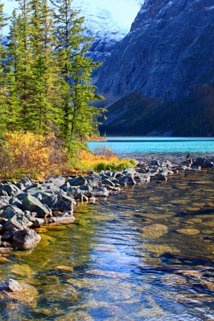 Shoreline of Cavell Lake in Jasper National Park Canadaの写真素材