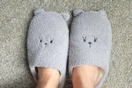 A high angle shot of a person wearing a pair of cute slippers on a gray carpetの写真素材