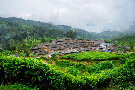 An aerial shot of a village on the Mount Gede slope in West Java, Indonesia