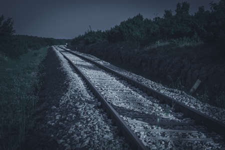 A train rail on the pebbles with bushes at night