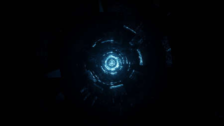 A 3D rendering of a small light blue circle on the center surrounded with black background