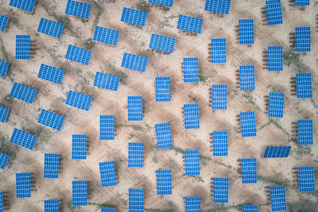An aerial photo of a solar field between Crane and McCamey in Texas, USAの写真素材