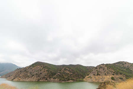 The Pyramid Lake in California captured on a cloudy dayの写真素材