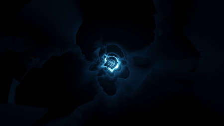 A 3D rendering of a small light blue circle on the center surrounded with black backgroundの写真素材