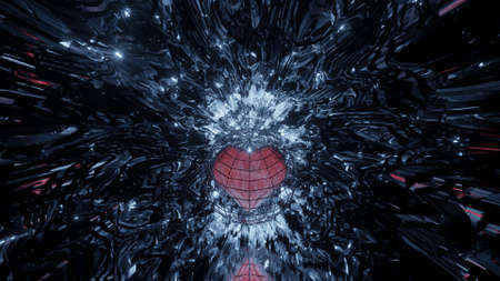 A 3D rendering of a small red heart on a dark background with small white lights - romantic concept