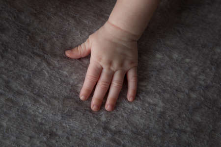 A high angle shot of the soft and chubby hand of a baby  on a fluffy clothの写真素材