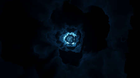 A 3D rendering of a small light blue circle on the center surrounded with black background