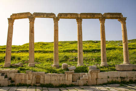 A breathtaking view of Nympheum Jerash in Jordanの写真素材