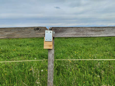 A closeup of a wooden fence in a field covered in greenery under a cloudy skyの写真素材