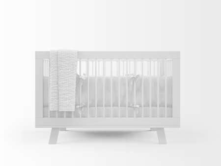 A 3D rendering of a white baby cradle isolated on a white background