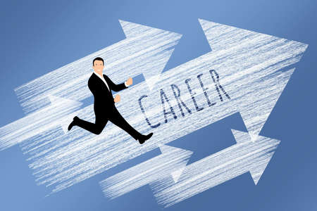 An illustration of a male figure running in the direction of arrows with the text "career"の写真素材