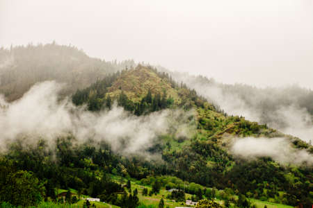 A beautiful aerial shot of a green mountain enveloped by cloudsの写真素材