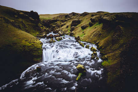 A beautiful river with a strong current in SkÃ³gafoss, Iceland.の写真素材