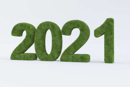A 3d rendering of green grass number 2021 isolated on white backgroundの写真素材