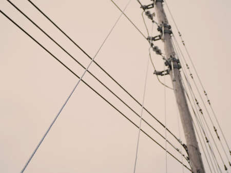 A low angle shot of the wires of a power line with a light-colored backgroundの写真素材