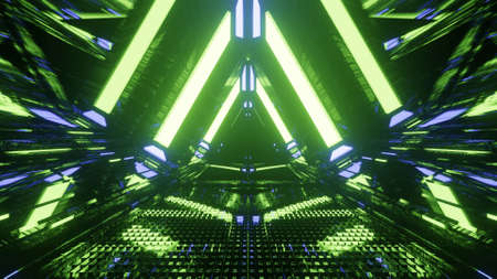 A 3D rendering of a cool trippy futuristic hallway in a triangular form