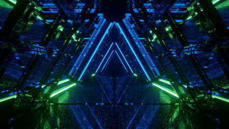 A 3D rendering of a cool trippy futuristic hallway in a triangular formの写真素材
