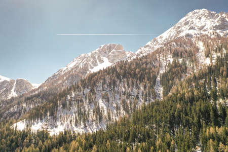 A beautiful shot of snowy mountains and trees on a hill