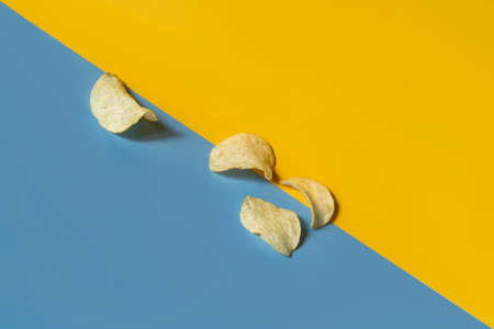 A closeup shot of plain potato chips on a blue yellow background