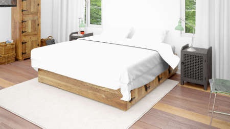 A 3D rendering of a modern bedroom interior under a natural light