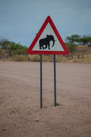 A vertical shot of a triangle road elephant signの写真素材